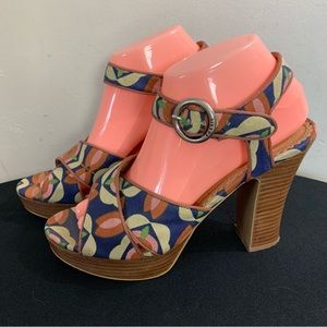 Women's FOSSIL Multi-Color FLOWER Print PLATFORM Cross Strap HIGH Heel SANDALS 8